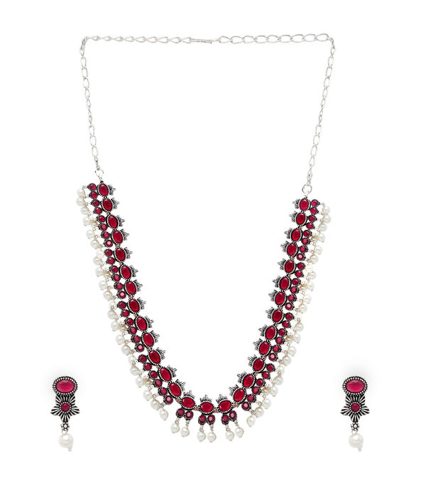 YouBella Jewellery Oxidised Silver Necklace Jewellery Set with Earrings for Girls and Women (Red) (YBNK_50524)